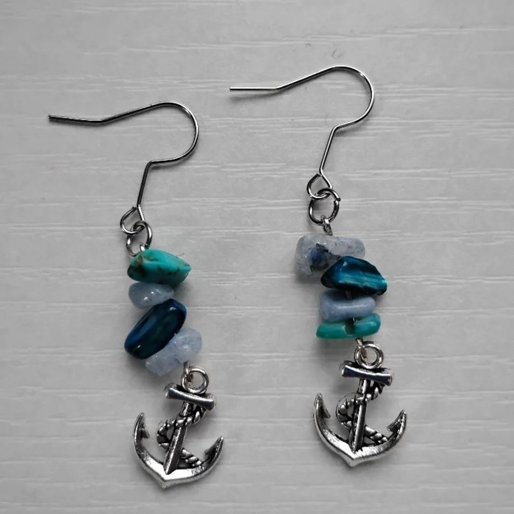 Silver and Blue Anchor Drop Earrings